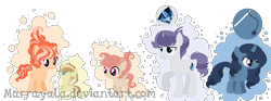 Size: 1428x529 | Tagged: safe, artist:marrayala, artist:selenaede, oc, oc:baked pear, oc:chris friable, oc:firefly, oc:peachy apple, oc:ruby brooke, earth pony, pegasus, pony, unicorn, baby, baby pony, base used, blank flank, bubble, colt, cousins, cutie mark, female, filly, male, offspring, parent:applejack, parent:big macintosh, parent:fluttershy, parent:trenderhoof, parents:fluttermac, parents:rariplate, parents:trenderjack, siblings, simple background, transparent background