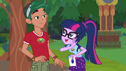 Size: 1920x1080 | Tagged: safe, screencap, sci-twi, timber spruce, twilight sparkle, equestria girls, legend of everfree, camp everfree logo, camp everfree outfits, clothes, female, glasses, male, ponytail, shorts, smiling