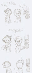 Size: 754x1701 | Tagged: safe, artist:ravenpuff, oc, oc only, oc:caesar, oc:puppet, zebra, ..., angry, comic, dialogue, eyes closed, female, frown, glowing horn, happy, horn, looking back, magic, male, mare, marionette, music notes, sad, smiling, stallion, telekinesis, traditional art, vulgar, zebra oc