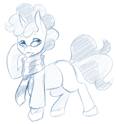 Size: 888x948 | Tagged: safe, artist:ambris, oc, oc:vynarity, pony, unicorn, clothes, commission, curly mane, curly tail, glasses, monochrome, scarf, sketch, sweater, tongue out, unshorn fetlocks