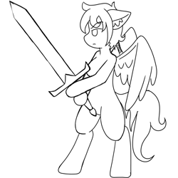 Size: 1000x1000 | Tagged: safe, artist:taletrotter, oc, oc:dawn stormrider, pegasus, pony, barbarian, bipedal, black and white, braid, concept art, concept design, fighting stance, grayscale, greatsword, lineart, monochrome, standing pony, sword, tribal, two-handed sword, weapon, wings