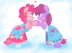 Size: 815x593 | Tagged: safe, artist:pippy, berry punch, berryshine, pinkie pie, earth pony, pony, berrypie, bipedal, clothes, dress, eye contact, female, gala dress, heart, hooves together, lesbian, looking at each other, mare, pinkiepieskitchen, shipping