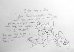 Size: 1825x1291 | Tagged: safe, artist:tjpones, spike, twilight sparkle, dragon, dear princess celestia, duo, eyes closed, pencil drawing, quill, scroll, traditional art, writing