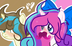 Size: 1024x663 | Tagged: safe, artist:mlpcotton-candy-pone, derpibooru import, oc, oc:magical melody, pony, unicorn, bow, fake moustache, female, hair bow, mare