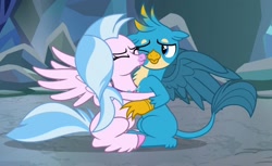 Size: 1024x628 | Tagged: safe, screencap, gallus, silverstream, what lies beneath, cropped, cute, diastreamies, duo, eyes closed, gallabetes, hug, one eye closed, shipping fuel
