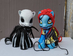 Size: 537x410 | Tagged: safe, artist:tat2ood-monster, pony, bone, clothes, craft, crossover, female, irl, jack skellington, male, mare, photo, ponified, sally skellington, sculpture, skeleton, stallion, stitches, the nightmare before christmas