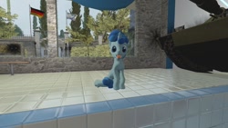 Size: 1280x720 | Tagged: safe, artist:horsesplease, party favor, pony, unicorn, 3d, background pony, behaving like a dog, doggie favor, flag, germany, gmod, male, sitting, smiling, solo, stallion, swimming pool, tank (vehicle), tongue out