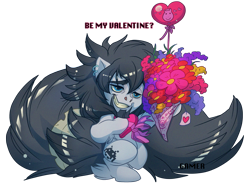 Size: 1455x1095 | Tagged: safe, artist:thegamercolt, oc, oc only, oc:gamercolt, earth pony, box of chocolates, flower, impossibly large tail, simple background, solo, transparent background, valentimes day