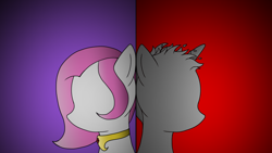 Size: 1280x720 | Tagged: safe, artist:sashagemini, oc, oc:sasha gemini, pegasus, pony, unicorn, back to back, no eyes, poster, project, shadow pony