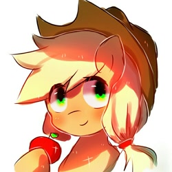 Size: 1000x1000 | Tagged: safe, artist:wuorange, derpibooru import, applejack, earth pony, pony, apple, bust, cute, food, hoof hold, jackabetes, pixiv, portrait, simple background, solo, white background