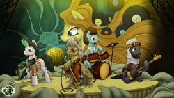 Size: 1601x900 | Tagged: safe, artist:1jaz, pony, band, drums, guitar, microphone, musical instrument, ponified, record, stretching