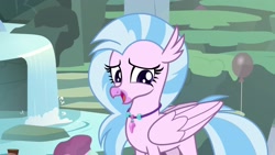 Size: 1920x1080 | Tagged: safe, screencap, silverstream, classical hippogriff, hippogriff, student counsel, cute, diastreamies, female, fountain, jewelry, looking to side, necklace, open mouth, pearl necklace, quadrupedal, smiling, solo, teenager