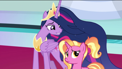 Size: 1920x1080 | Tagged: safe, screencap, luster dawn, princess twilight 2.0, twilight sparkle, twilight sparkle (alicorn), alicorn, pony, unicorn, the last problem, confused, crown, duo, ethereal mane, female, folded wings, happy, jewelry, mare, older, older twilight, peytral, regalia, smiling, teacher and student, throne room, wings