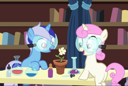 Size: 1400x939 | Tagged: safe, screencap, minuette, twinkleshine, pony, unicorn, celestial advice, beaker, cropped, duo, female, filly, filly minuette, filly twinkleshine, flower, goggles, open mouth, potted plant, smiling
