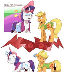 Size: 2064x2359 | Tagged: safe, artist:saturdaymorningproj, derpibooru import, applejack, rarity, earth pony, pony, unicorn, beach, clothes, duo, ear pull, female, hat, magic, no dialogue, one-piece swimsuit, pulling, saddle bag, swimsuit, we don't normally wear clothes