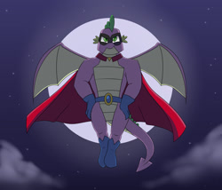 Size: 1400x1200 | Tagged: safe, artist:mew-me, humdrum, spike, dragon, the last problem, boots, cape, clothes, flying, gigachad spike, gloves, male, mask, moon, older, older spike, power ponies, shoes, solo, winged spike