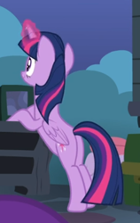 Size: 344x543 | Tagged: safe, screencap, twilight sparkle, twilight sparkle (alicorn), alicorn, pony, celestial advice, bipedal, bipedal leaning, cropped, female, glowing horn, horn, leaning, mare, rear view, smiling, solo