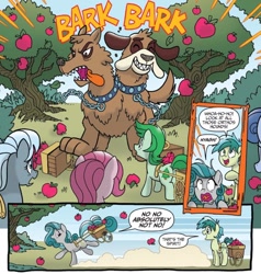 Size: 742x780 | Tagged: safe, artist:tonyfleecs, idw, orthros, sandbar, swift foot, dog, earth pony, pony, spoiler:comic, spoiler:comicfeatsoffriendship02, apple, apple tree, cart, female, male, multiple heads, tree, two heads