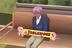 Size: 1200x800 | Tagged: safe, edit, fluttershy, pony, bench, female, kaz kaan, male, meme, neo yokio, toblerone, toblerpone