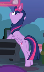 Size: 362x581 | Tagged: safe, screencap, twilight sparkle, twilight sparkle (alicorn), alicorn, celestial advice, bipedal, bipedal leaning, cropped, glowing horn, horn, leaning, measuring tape, solo