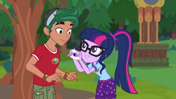 Size: 1920x1080 | Tagged: safe, screencap, sci-twi, timber spruce, twilight sparkle, equestria girls, legend of everfree, camp everfree logo, camp everfree outfits, clothes, female, glasses, male, ponytail, shorts, smiling