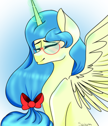 Size: 2358x2759 | Tagged: safe, artist:scribs, oc, oc:bookie, alicorn, alicornified, bow, fallout equestria:the price we pay, freckles, glasses, hair bow, horn, magic, magic aura, race swap, wings