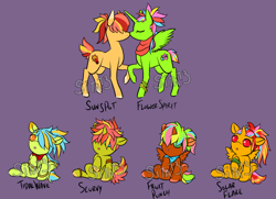 Size: 1800x1300 | Tagged: safe, artist:lavvythejackalope, oc, oc only, oc:fruit punch, oc:scurvy, oc:solar flare, oc:sunspot, alicorn, earth pony, pony, unicorn, :o, alicorn oc, baby, baby pony, bracelet, clothes, colored hooves, colt, earth pony oc, eyes closed, hair over eyes, hair over one eye, horn, jewelry, male, oc x oc, offscreen character, offspring, open mouth, raised hoof, reference sheet, scarf, shipping, sitting, underhoof, unicorn oc