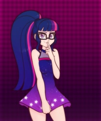 Size: 1177x1400 | Tagged: safe, artist:scorpdk, sci-twi, twilight sparkle, human, better together, equestria girls, i'm on a yacht, adorasexy, arm boob squeeze, clothes, cute, dress, female, glasses, human coloration, human female, minidress, mischievous, sexy, sexy egghead, skirt, skirt pull, smiling, solo