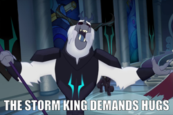 Size: 1269x845 | Tagged: safe, edit, edited screencap, screencap, storm king, yeti, my little pony: the movie, antagonist, armor, canterlot castle, canterlot throne room, caption, crown, eyes closed, fangs, horns, hugs?, image macro, jewelry, meme, outstretched arms, regalia, staff, staff of sacanas, storm king's emblem, text