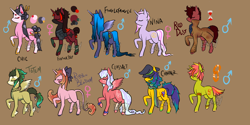 Size: 3000x1500 | Tagged: safe, artist:lavvythejackalope, oc, oc only, oc:charmer, oc:chic, oc:class act, oc:feather step, oc:finglefangle, oc:nina, oc:ribbon blossom, oc:scurvy, alicorn, earth pony, pegasus, pony, unicorn, alicorn oc, bow, clothes, earth pony oc, eyes closed, female, hair bow, hat, horn, leonine tail, male, mare, pegasus oc, raised hoof, stallion, tattoo, unicorn oc, vest, wings, witch hat