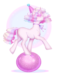 Size: 2235x2933 | Tagged: safe, artist:djkaskan, oc, pony, unicorn, balancing, ball, eye bandage, hat, party hat, skinny, smiling, solo