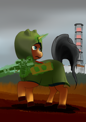 Size: 2480x3508 | Tagged: safe, artist:niezow, derpibooru import, oc, oc only, oc:geo simonsberg, pony, chernobyl, gun, rifle, sniper rifle, stalker, weapon