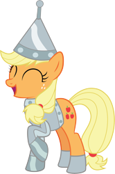 Size: 3502x5269 | Tagged: safe, artist:wissle, applejack, earth pony, pony, clothes, costume, eyes closed, female, happy, high res, mare, nightmare night, nightmare night costume, open mouth, raised hoof, simple background, smiling, solo, the wizard of oz, tin man, transparent background, vector