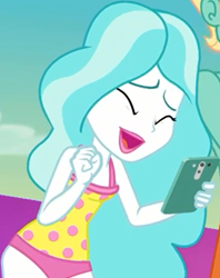 Size: 631x795 | Tagged: safe, screencap, paisley, zephyr breeze, better together, equestria girls, i'm on a yacht, background human, cellphone, clothes, cropped, cute, eyes closed, female, male, offscreen character, one-piece swimsuit, open mouth, phone, polka dot swimsuit, smartphone, smiling, solo focus, swimsuit