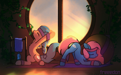 Size: 1600x999 | Tagged: safe, artist:freeedon, aloe, lotus blossom, earth pony, pony, aerobics, duo, female, mare, scenery, siblings, sisters, spa twins, stretching, sunset, window