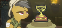 Size: 1480x670 | Tagged: safe, edit, edited screencap, screencap, daring do, pegasus, pony, read it and weep, bandage, female, hat, mare, pith helmet, solo, trophy, unamused, you tried