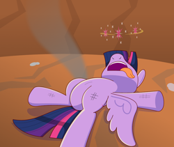 Size: 1500x1263 | Tagged: safe, artist:trackheadtherobopony, twilight sparkle, twilight sparkle (alicorn), alicorn, pony, circling stars, defeated, dizzy, knocked out, on back, solo, tongue out