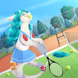 Size: 3000x3000 | Tagged: safe, artist:djkaskan, oc, oc only, original species, pony, anime, clothes, glasses, leonine tail, long ears, mouth hold, paw pads, paws, pleated skirt, skirt, solo, sports, tennis, tennis ball, tennis racket, underpaw