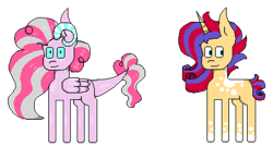 Size: 400x234 | Tagged: safe, artist:hunterthewastelander, oc, oc only, dracony, dragon, hybrid, pony, unicorn, duo, horn, interspecies offspring, magical lesbian spawn, next generation, offspring, parent:applejack, parent:discord, parent:pinkie pie, parent:rarity, parents:discopie, parents:rarijack, simple background, smiling, transparent background, unicorn oc