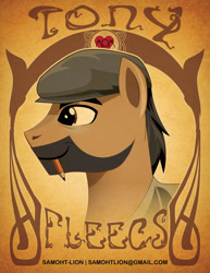 Size: 2550x3300 | Tagged: safe, artist:samoht-lion, earth pony, pony, beard, bust, clothes, facial hair, flat cap, hat, male, mouth hold, pencil, ponified, smiling, stallion, text, tony fleecs