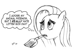 Size: 800x544 | Tagged: safe, artist:cartoon-eric, fluttershy, pegasus, pony, grayscale, implied poop, litterbox, monochrome, simple background, thought bubble, white background