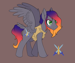 Size: 2895x2409 | Tagged: safe, artist:cha-squared, oc, oc:endless inferno, pegasus, pony, angry, bullet, commission, gradient mane, gray coat, green eyes, military uniform, simple background, solo, sword, weapon