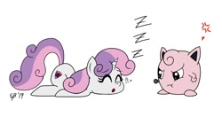 Size: 900x474 | Tagged: safe, artist:cartoon-eric, sweetie belle, jigglypuff, unicorn, :t, cross-popping veins, crossover, cutie mark, onomatopoeia, pokémon, sleeping, sound effects, this will end in facial drawings, zzz