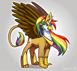 Size: 1280x1187 | Tagged: safe, artist:feellikeaplat, artist:rainbowfeatherreplies, oc, oc:rainbow feather, alicorn, griffon, crown, grifficorn, horn, interspecies offspring, jewelry, magical lesbian spawn, multicolored hair, offspring, parent:gilda, parent:rainbow dash, parents:gildash, princess, rainbow hair, regalia, solo, what if