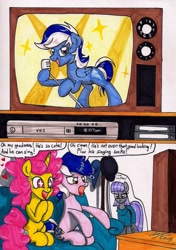 Size: 1356x1929 | Tagged: safe, artist:newyorkx3, maud pie, oc, oc:karen, oc:mikey, oc:tornado, earth pony, pegasus, pony, unicorn, cap, comic, cupboard, female, hat, husband and wife, kakey, male, microphone, singing, sofa, television, traditional art, vhs, vhs tapes