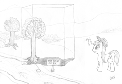 Size: 700x484 | Tagged: safe, artist:quint-t-w, applejack, earth pony, pony, applejack's hat, confused, cowboy hat, empty space, exclamation point, hat, interrobang, old art, pencil drawing, question mark, sign, solo, traditional art, tree