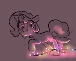 Size: 1811x1455 | Tagged: safe, artist:dawnfire, oc, oc only, oc:marshmallow fluff, pony, unicorn, christmas, christmas lights, holiday, monochrome, signature, solo