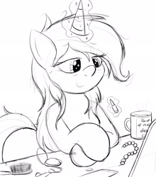 Size: 1802x2048 | Tagged: safe, artist:an-tonio, derpibooru import, oc, oc only, oc:golden brooch, pony, unicorn, alternate hairstyle, brush, desk, female, human shoulders, jewelry, lineart, lipstick, loose hair, magic, makeup, mare, mirror, monochrome, mug, necklace, pearl necklace, simple background, sketch, smiling, solo, telekinesis, white background