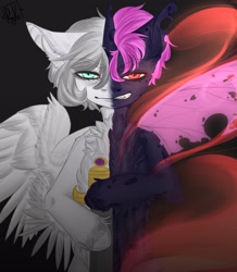 Size: 1700x1950 | Tagged: safe, artist:reyko, oc, oc only, oc:king dorigan, oc:light knight, changeling, changeling oc, heterochromia, purple changeling, solo, split screen, spread wings, wings