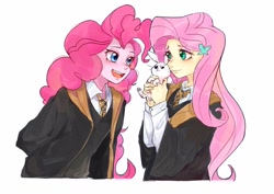 Size: 1024x726 | Tagged: safe, artist:keeerooooo1, angel bunny, fluttershy, pinkie pie, rabbit, equestria girls, animal, clothes, duo, female, harry potter, hufflepuff, robe